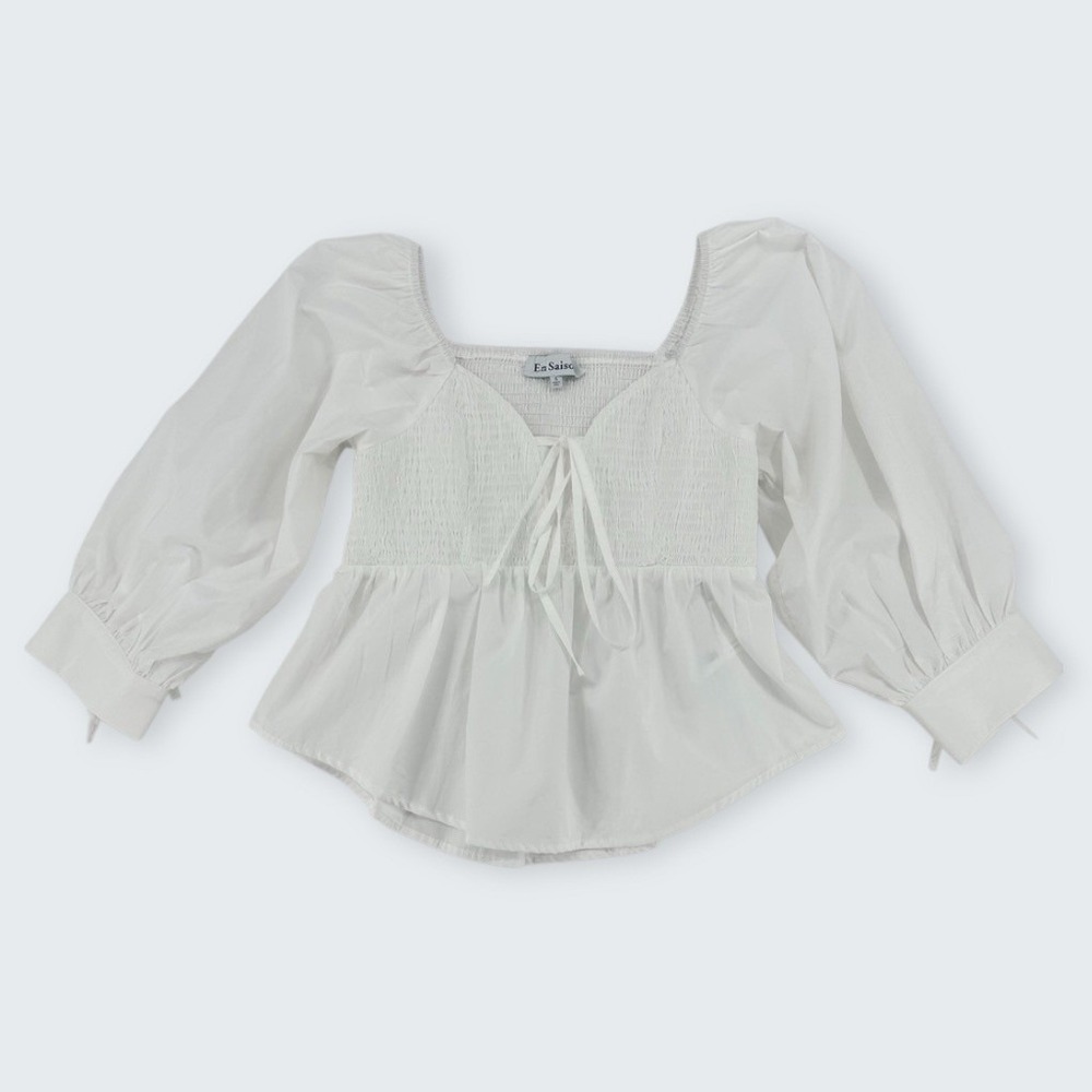 En Saison White Smocked Puff Sleeve Peplum Blouse Size S - Picture 10 of 11